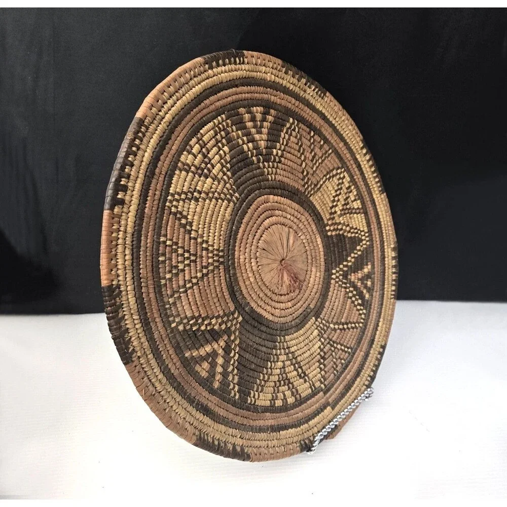African Hand Woven Coiled Flat Basket Tray Geometric Vintage 12.5